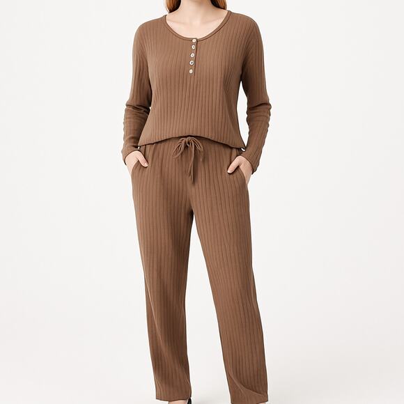Muk Luks Lounge Set Rib Knit Henley Top Pants Cozy Minimalist Coffee Women L - Picture 13 of 13